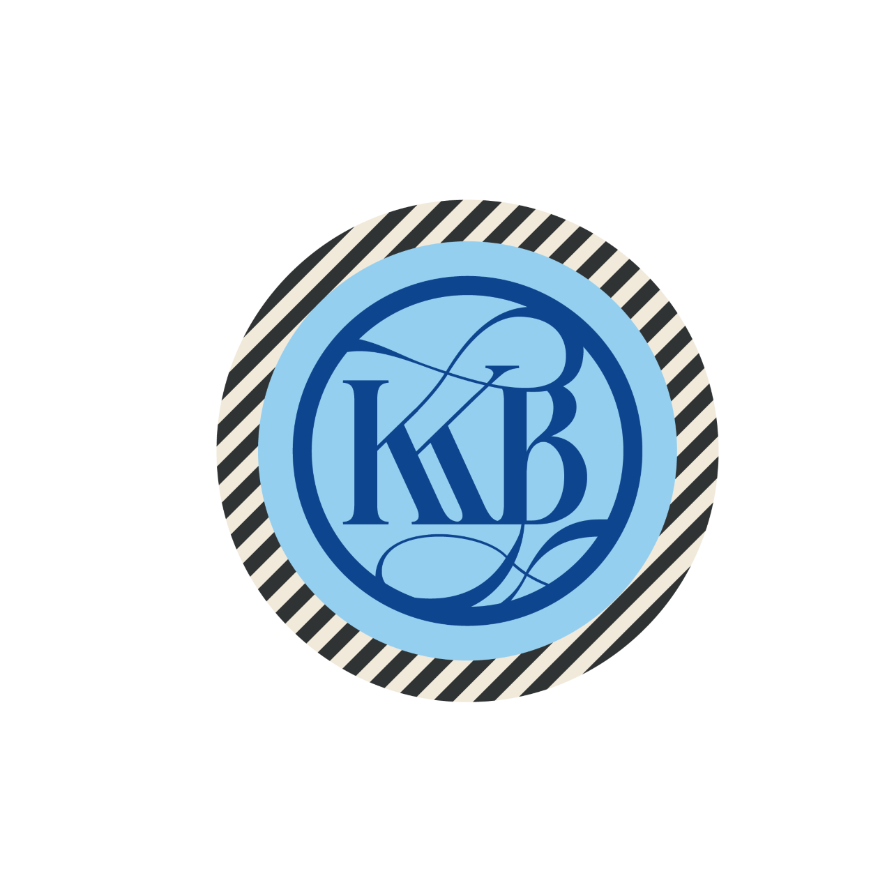 A circular badge with a black and white striped border and a blue background, featuring the initials 'K B' in the center with decorative script around the letters.