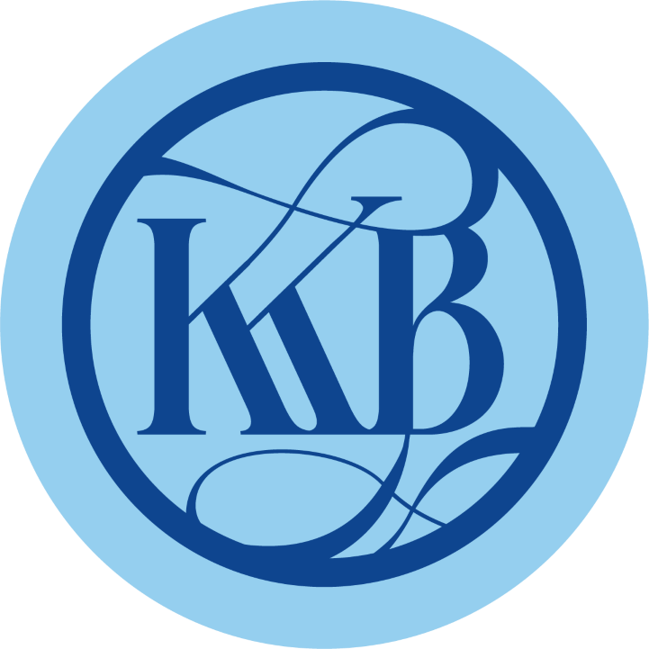 Logo with the letters KKB in a stylized script inside a circle, with script decorative lines extending outward, on a light blue background.