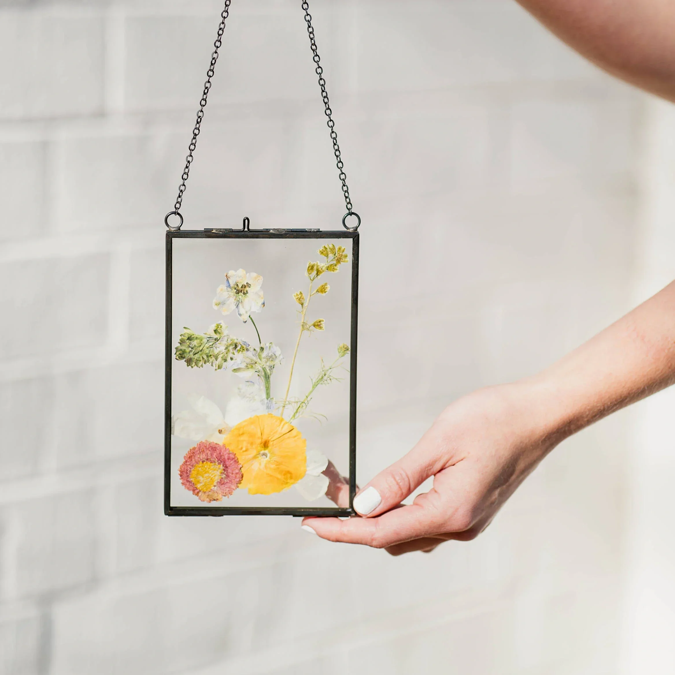 A person holding a metal frame display with pressed flowers behind glass, including a pink flower, yellow flowers, and white flowers, against a white brick wall background.