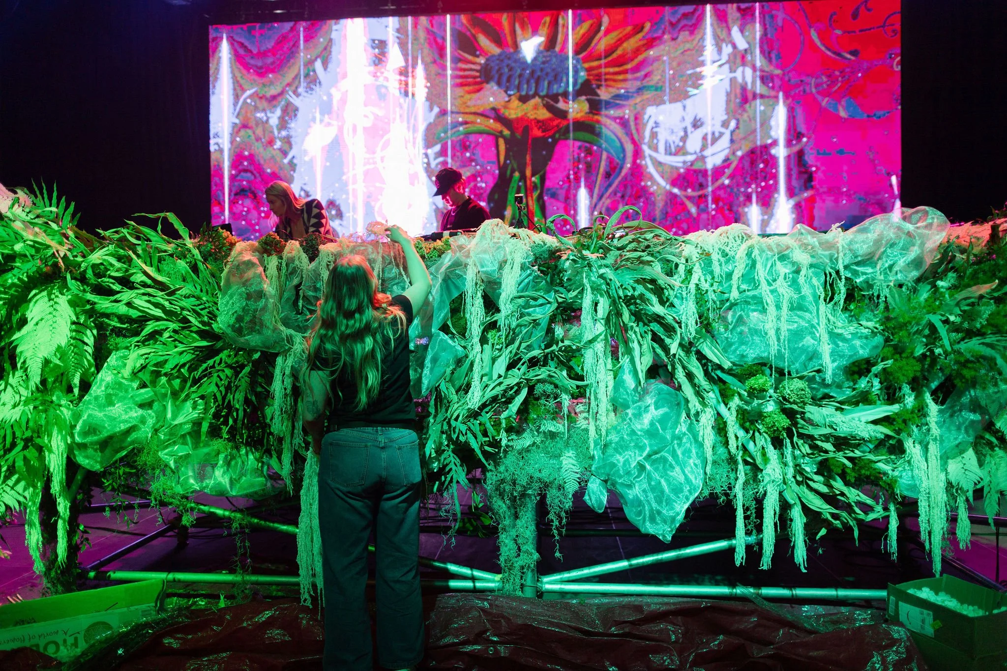 Maddy O'Neal and TOKiMONSTA Set Design by KaraKara Blooms at Mission Ballroom in Denver Colorado. Full organic stage installation. Photo by Stephanie Parsley Photography.