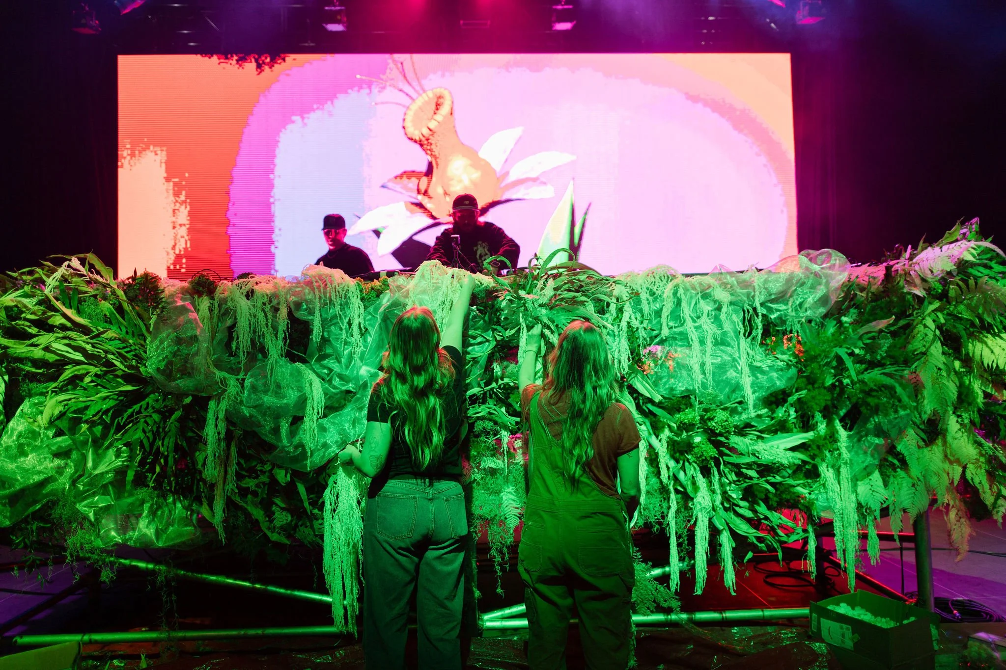 Maddy O'Neal and TOKiMONSTA Set Design by KaraKara Blooms at Mission Ballroom in Denver Colorado. Full organic stage installation. Photo by Stephanie Parsley Photography.