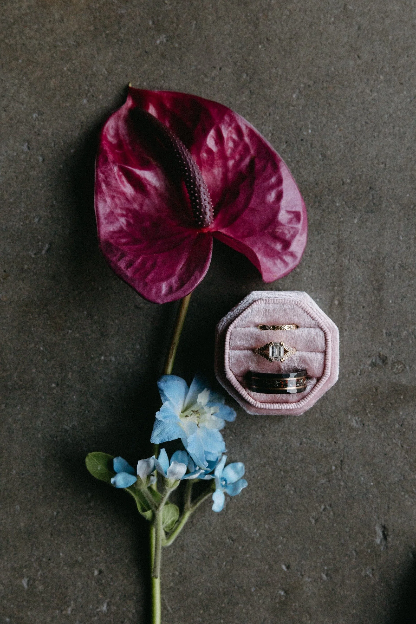 A pink velvet ring box with three rings inside, placed near a pink anthurium flower and blue flowers on a dark surface.