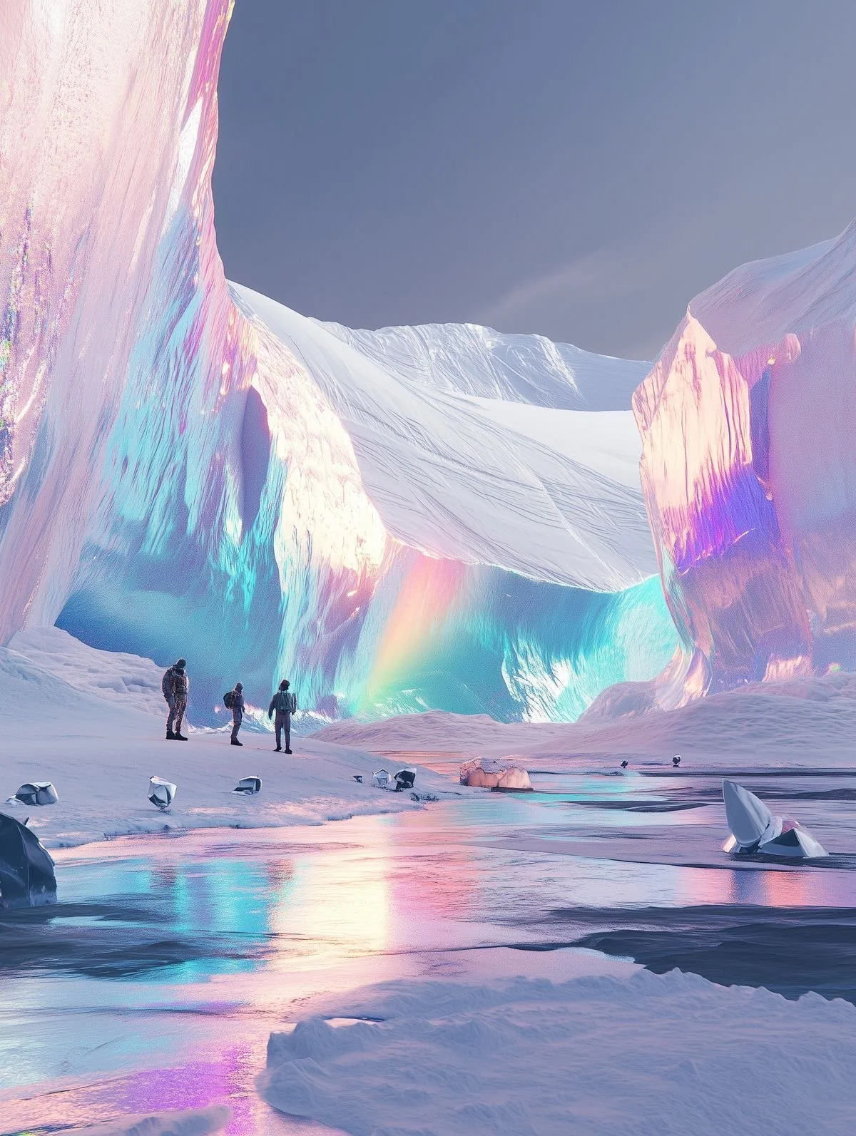 A vibrant, icy landscape of glaciers and snow-covered mountains reflecting rainbow colors, with four explorers walking across the snow and ice, and a faint rainbow over the icy terrain.