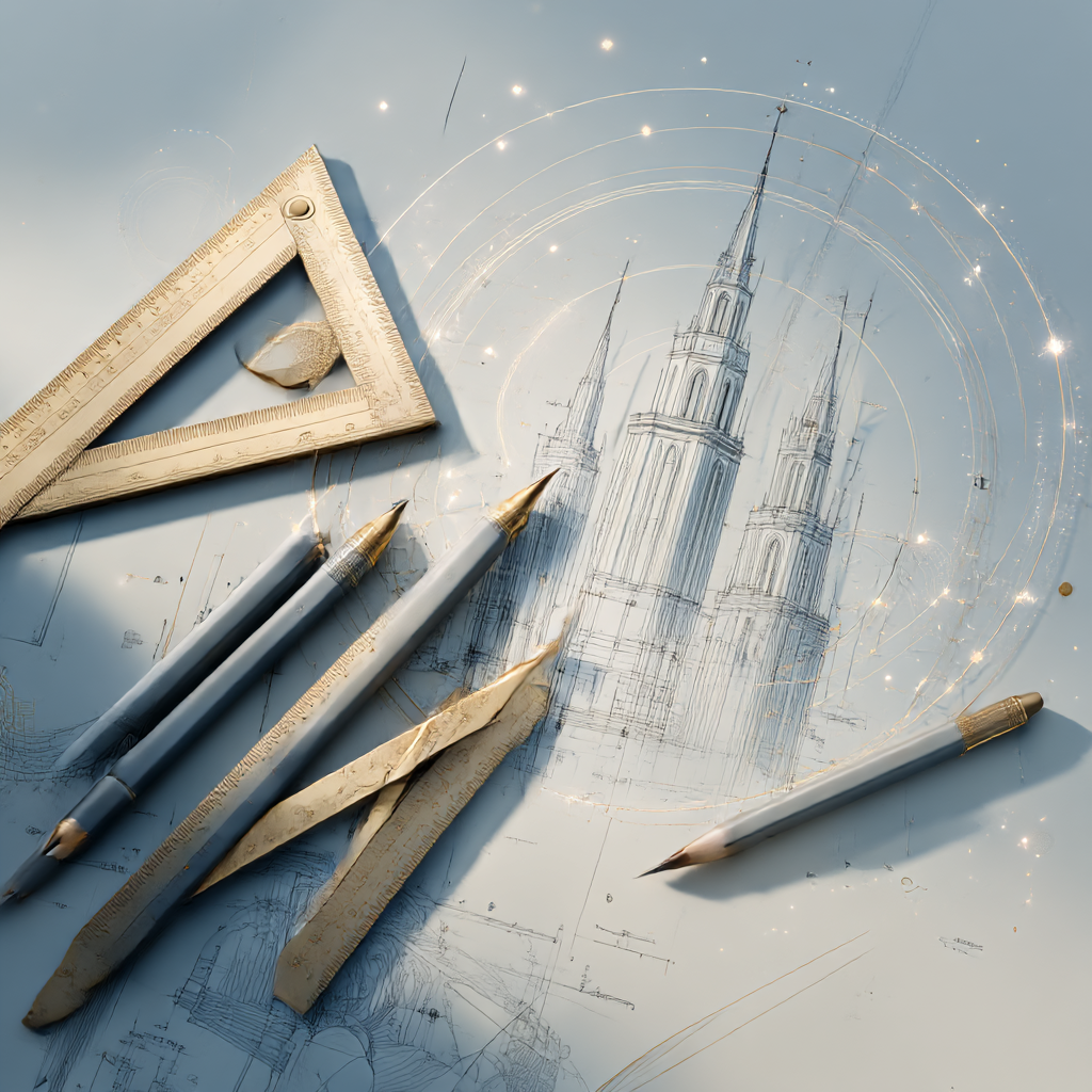 Architectural drawing of a church with three tall steeples, on a light surface with pens, a triangle ruler, and sketch paper.