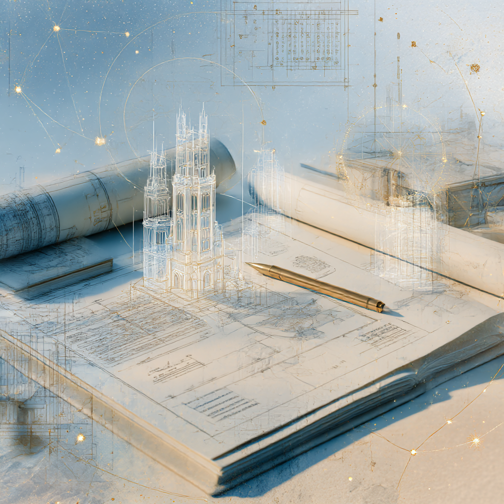 Architectural blueprints and sketches spread out on a desk, with a pen and a digital 3D blueprint of a cathedral in the center, and star constellations overlayed in a futuristic style.