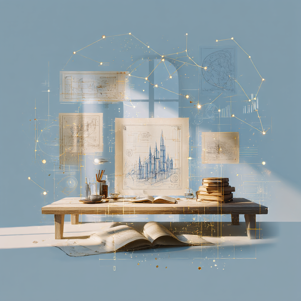 A wooden desk with architectural sketches and books, with a collage of blueprints and a starry constellation projection on a pale blue wall behind it.