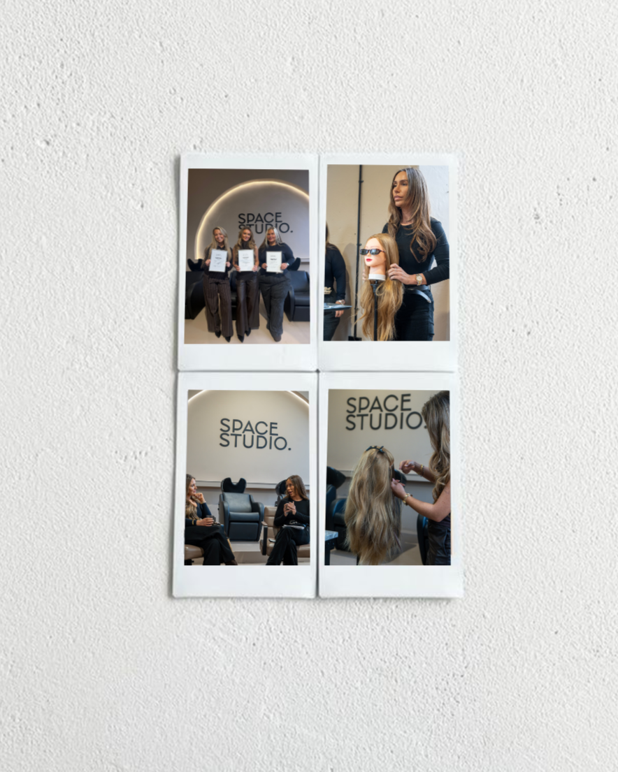 Four Polaroid-style photos on a white wall show women at a hair salon called 'Space Studio.' The top left photo features three women holding certificates inside the salon. The top right photo shows a woman with long hair styling a mannequin head with long, blonde hair and sunglasses. The bottom left photo depicts two women sitting on chairs in the salon's waiting area, engaged in conversation. The bottom right photo captures a woman styling another woman's hair by the salon's sign that reads 'Space Studio.'