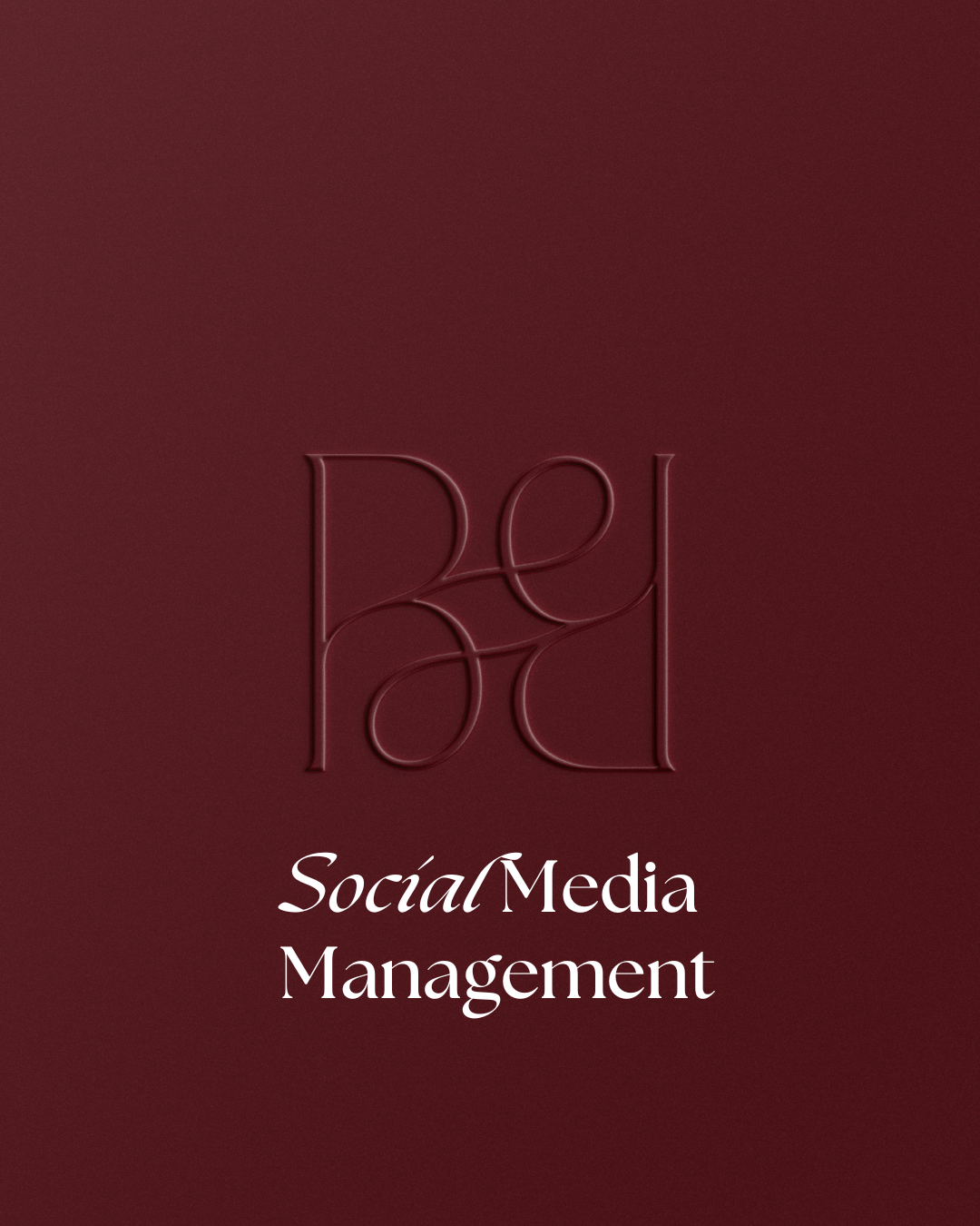 A dark red background with the words 'Social Media Management' in white font and a stylized embossed logo above it.