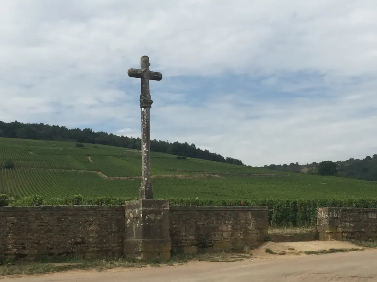 Croix en pierre devant un vignoble dans un paysage rural avec un ciel nuageux.