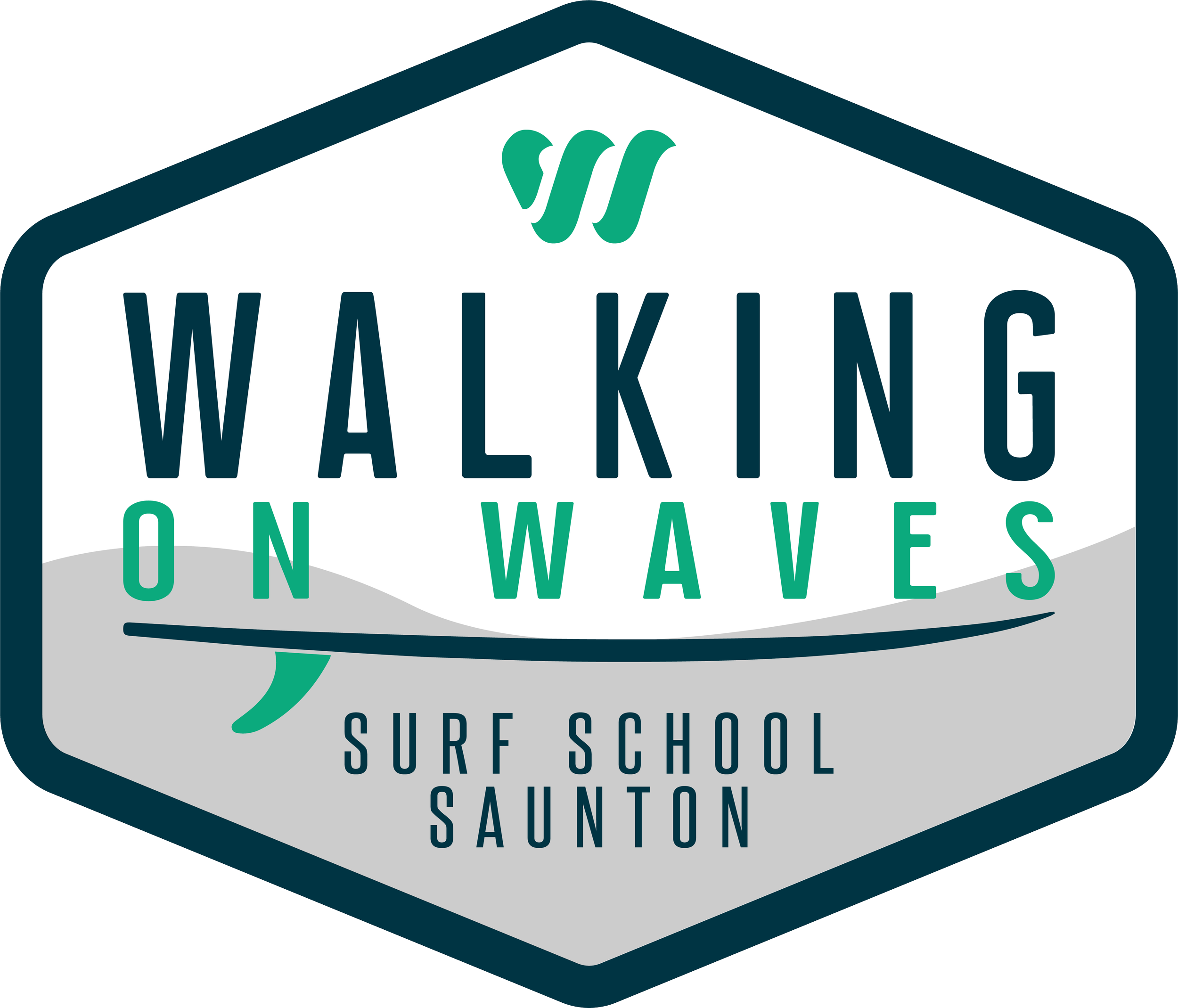 A logo for a surfing school called Walking on Waves, located in Saonton, featuring waves and stylized text.