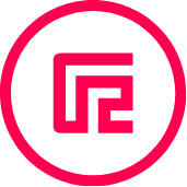 Pink geometric logo with interconnected lines inside a black circle.