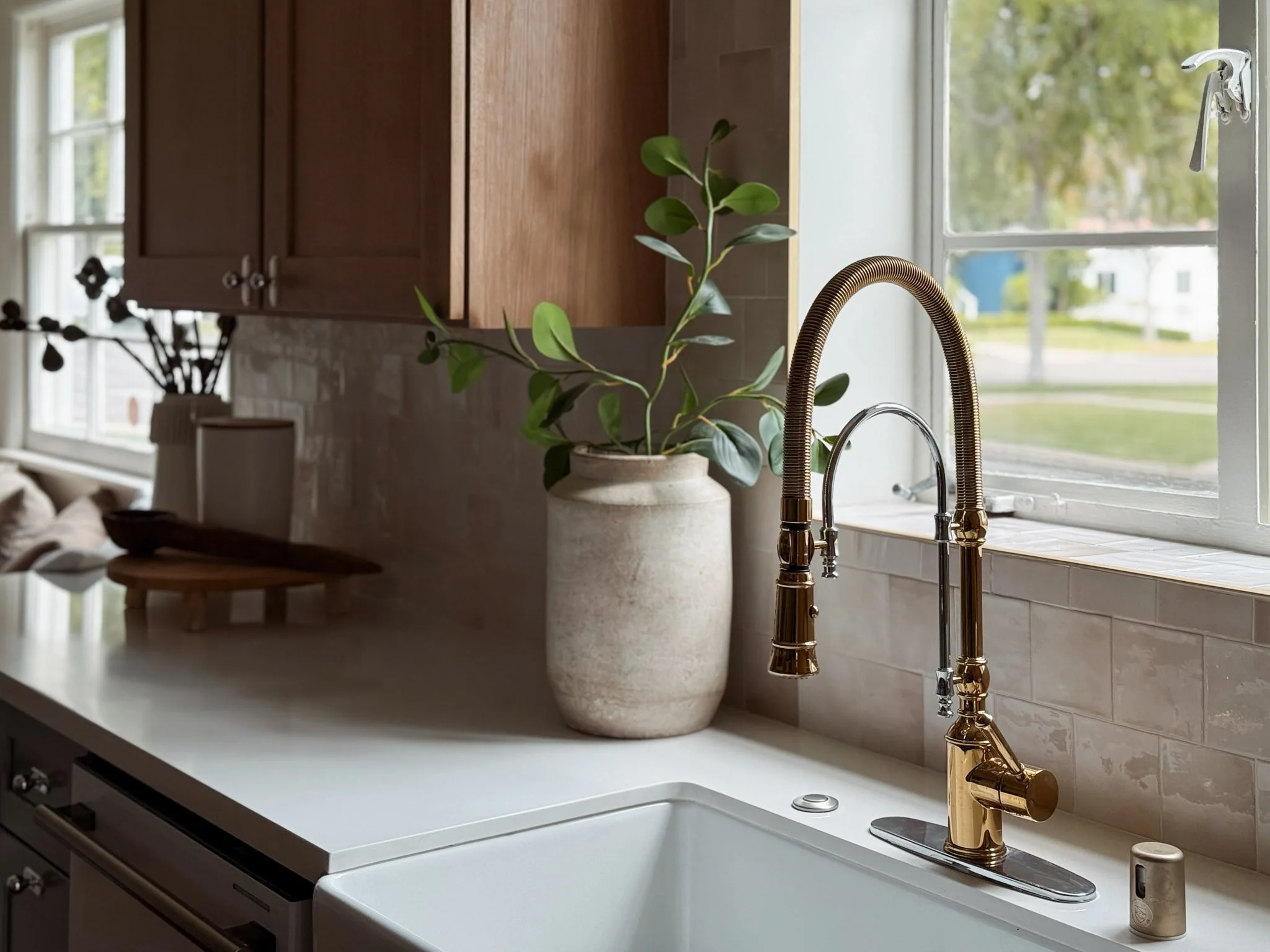 Kitchen sink with gold and silver faucet, potted plant, window showing greenery outside, beige tile backsplash, white countertop.