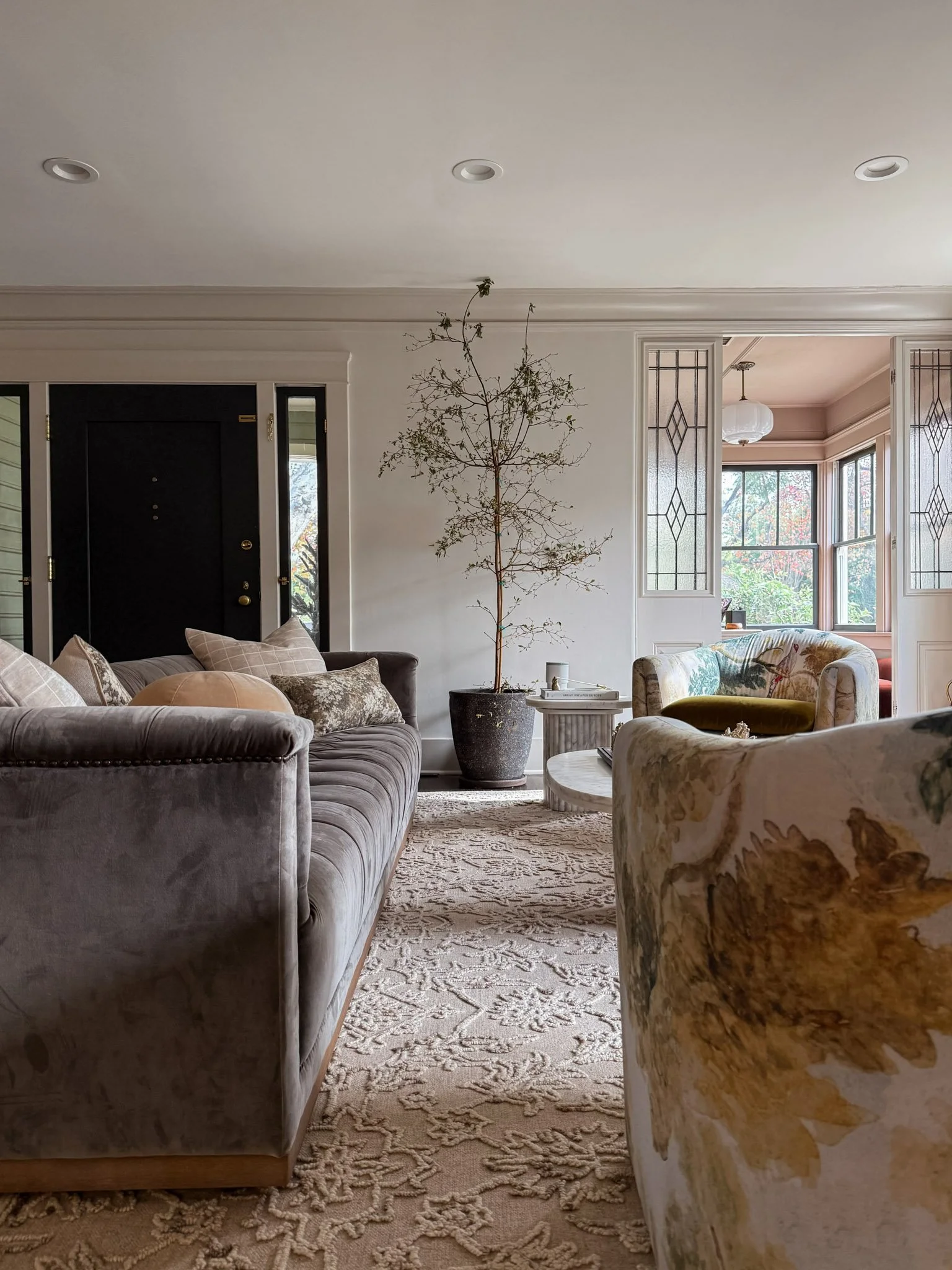 A cozy living room with a gray velvet sofa, a floral upholstered armchair, a patterned beige rug, a potted tree, and large windows with decorative glass panels in the background.