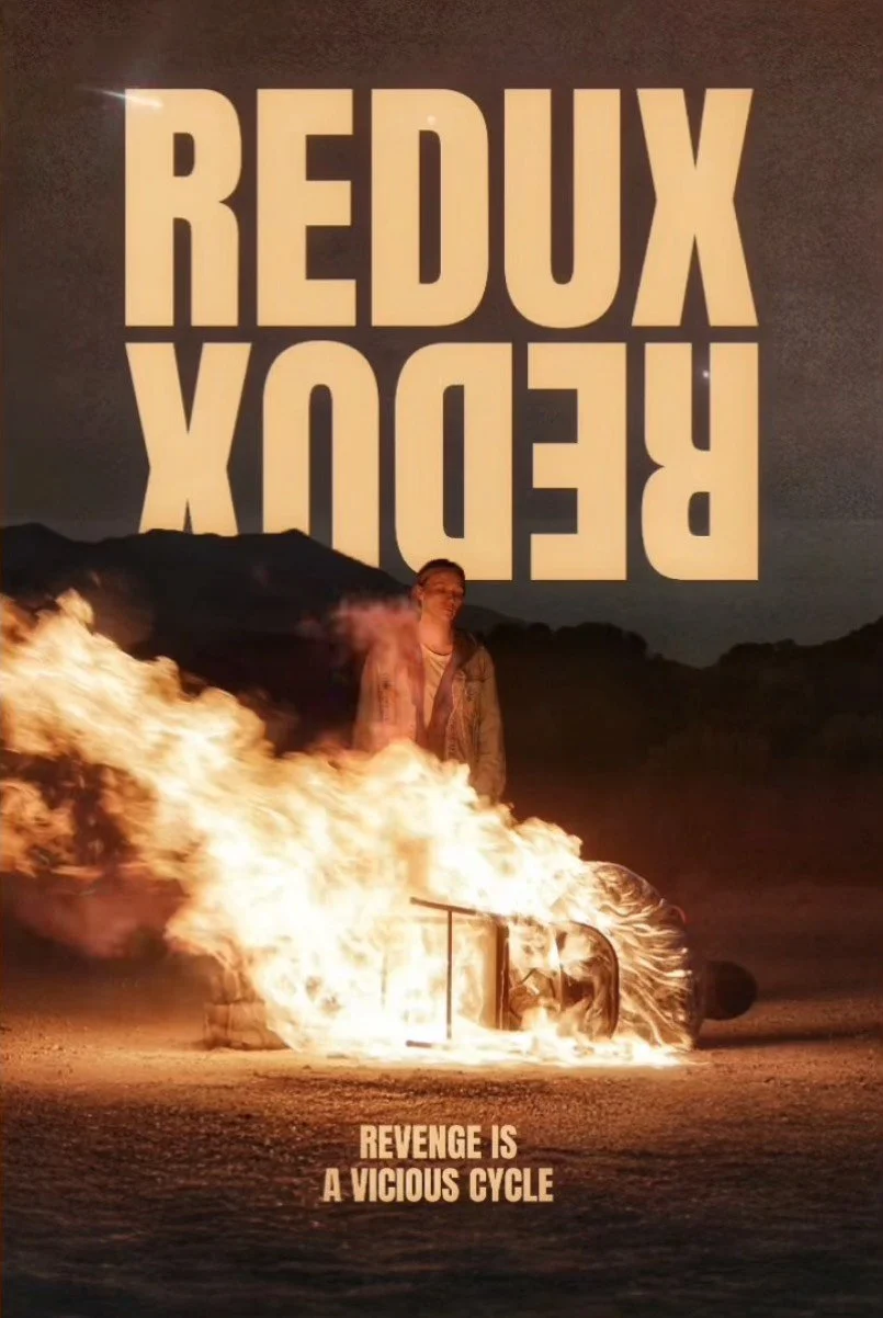The image shows a scene from the movie 'Re:Zero - Starting Life in Another World' with a character standing near a burning car. Behind the scene, on the sky, another scene shows the text 'REDUX REMIX' written upside down, and below, the text 'REVENGE IS A VICIOUS CYCLE' is displayed.