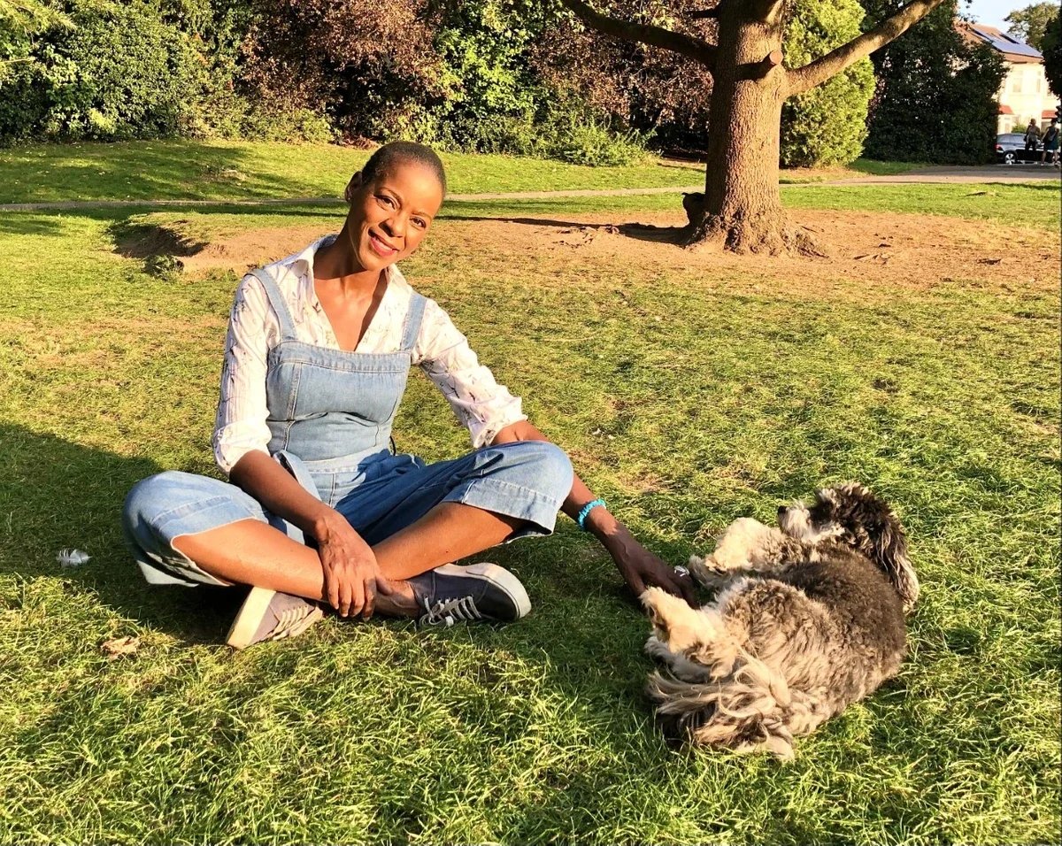 A woman sitting on grass in a park, smiling and playing with a large, fluffy dog on a sunny day, with a tree and other park elements in the background.