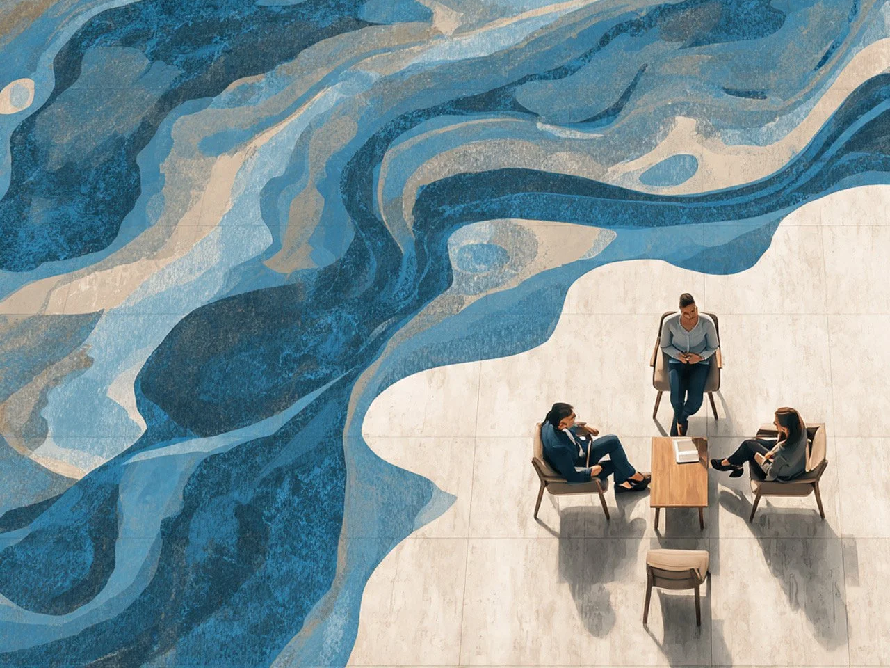 Three women having a discussion in a meeting room with a large abstract blue and beige mural on the wall.
