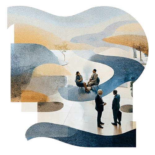 People sitting and standing in an abstract, modern indoor space with colorful, flowing shapes on the floor and ceiling.