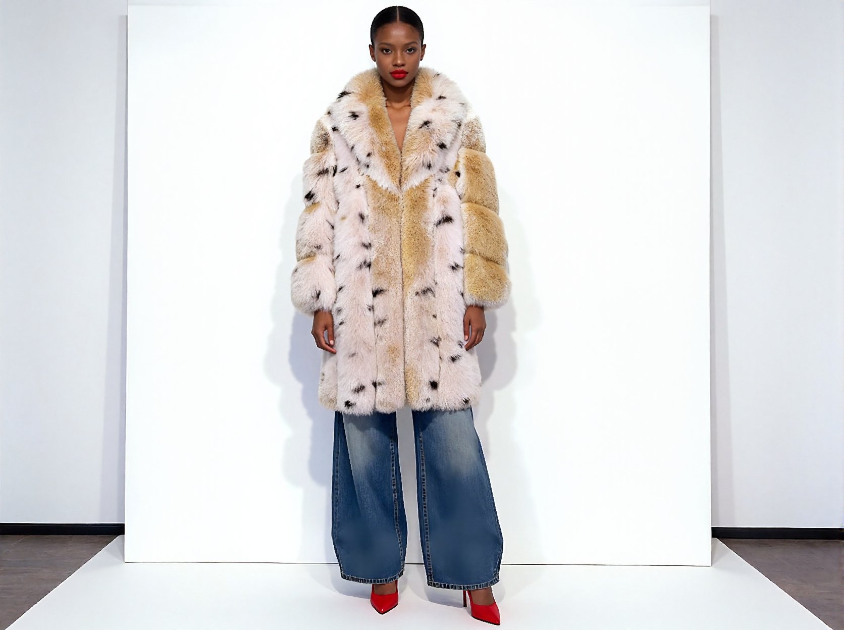Woman standing in front of a white background, wearing a long beige and white fur coat, wide-leg blue jeans, and red high heels.