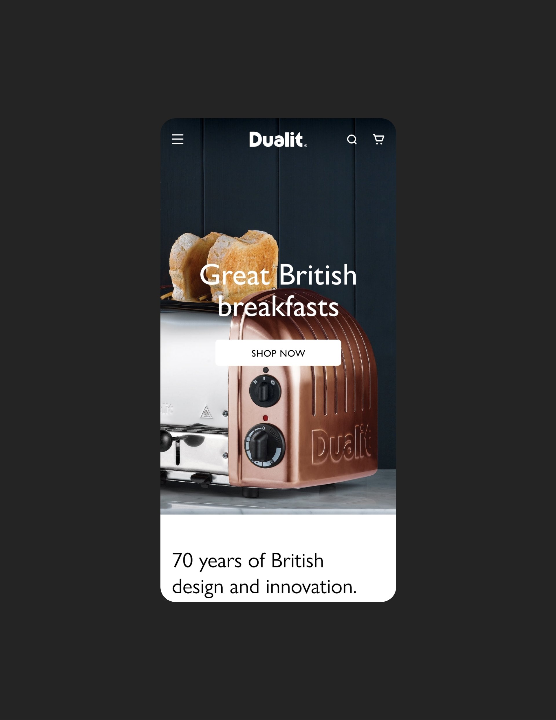 Smartphone screen showing a website for Dualit toasters, featuring a toaster with bread slices and promotional text about British design and innovation.