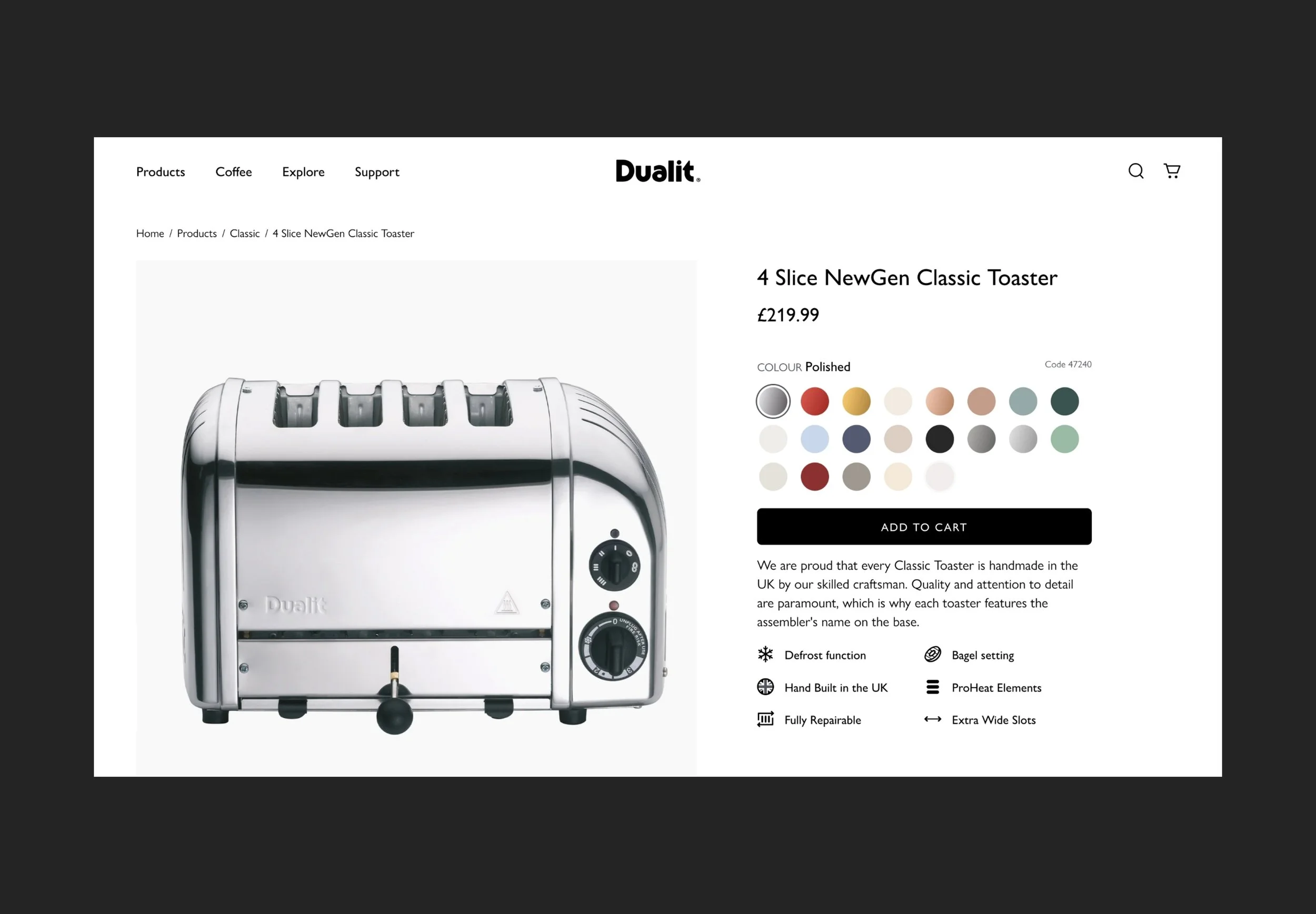Product page showing a stainless steel Dualit 4 Slice NewGen Classic Toaster with controls on right side and a row of color options below the product name.