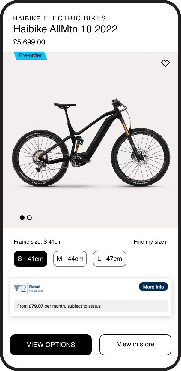 Image of a black Haibike AllMtn 10 2022 electric mountain bike with large tires and front suspension, shown on a product e-commerce webpage with pricing and size options.