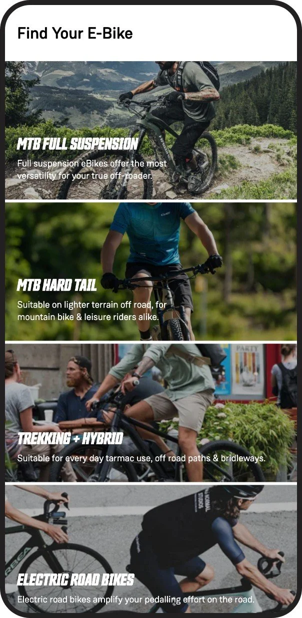 Advertisement featuring four types of bicycles for different terrains and riding styles: mountain bikes with full suspension for off-road, lightweight mountain bikes for leisure, hybrid bikes for city commuting, and electric road bikes for amplified pedaling effort.