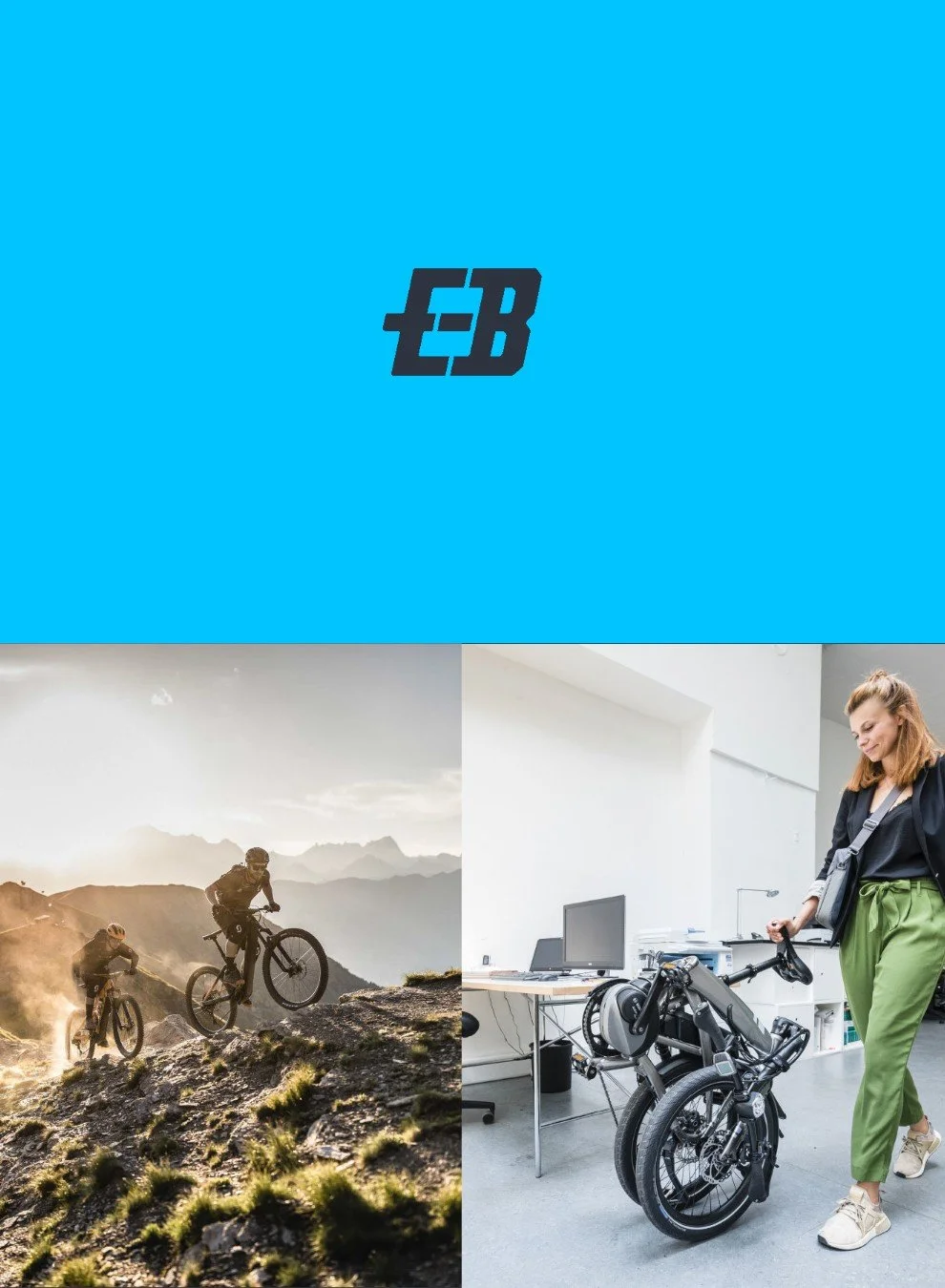 A collage of three images: the top features a blue background with a black logo of stylized initials 'EB'; the bottom left shows two mountain bikers jumping off rocks during sunset with mountains in the background; the bottom right depicts a woman standing beside an electric bicycle in a modern office setting with white walls, a computer, and office supplies.