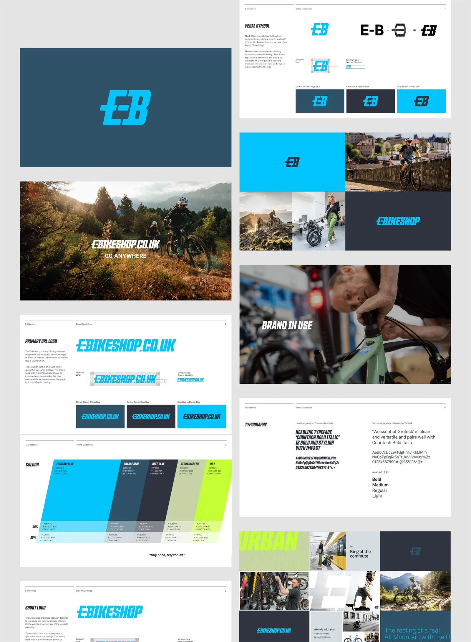 A collage of branding and marketing materials for Ebikeshop, including a large logo, photos of people riding bikes, product displays, color palette, and typography guidelines.