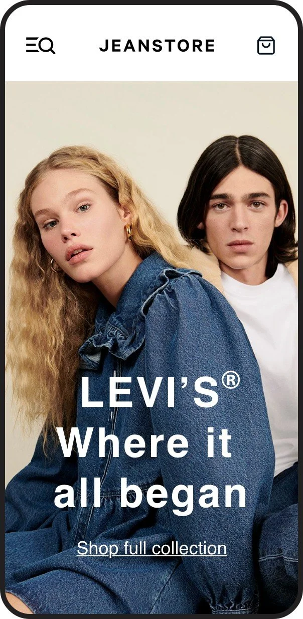 Levi's advertisement featuring a young woman with long curly blonde hair and gold hoop earrings, and a young man with straight dark hair, both wearing denim clothing, with text that says 'LEVI'S® Where it all began' and a link to shop the full collection.