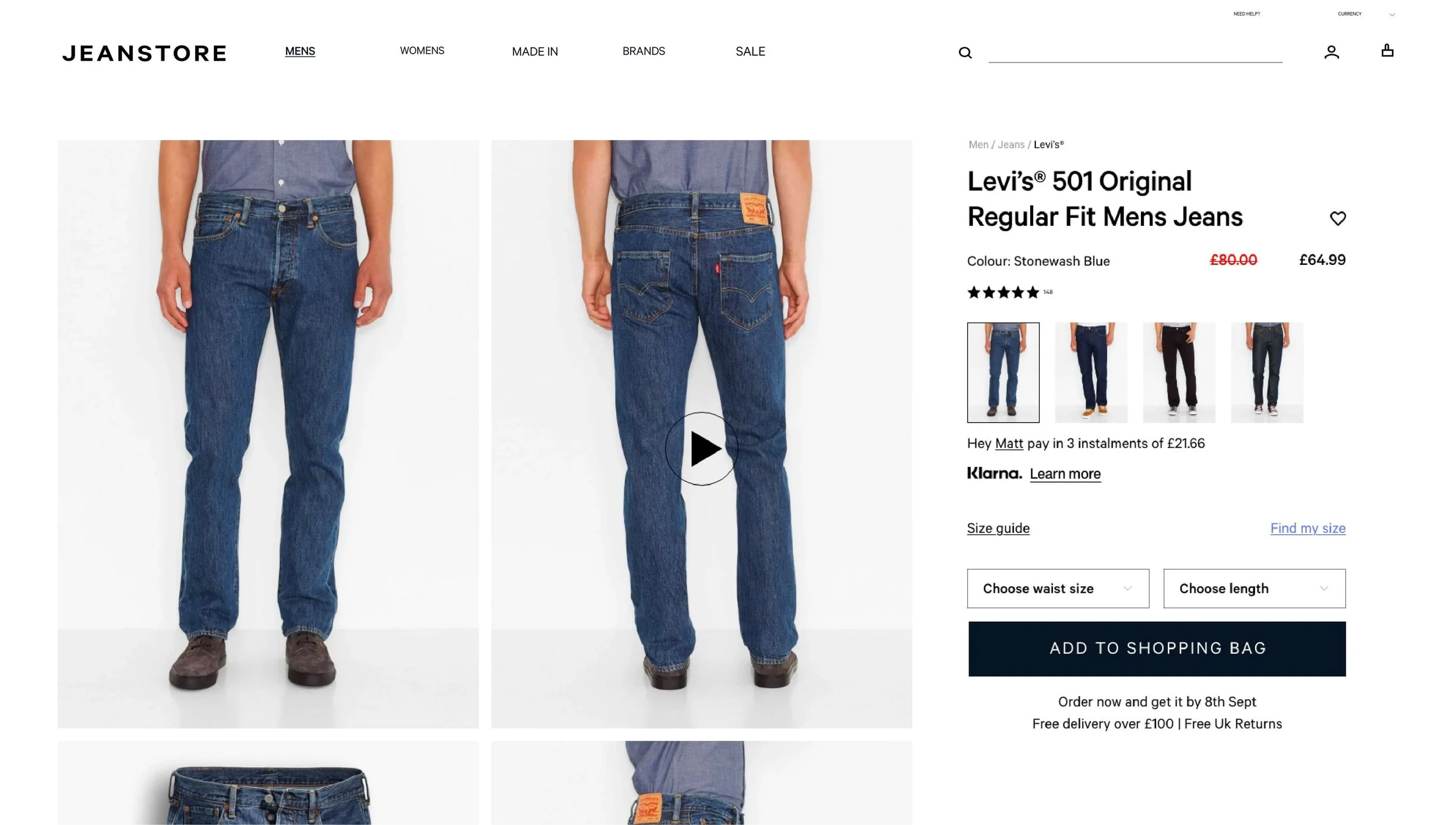 Two images of men's blue jeans, front and back view, on models. The jeans are Levi's 501 original, in stonewash blue color.