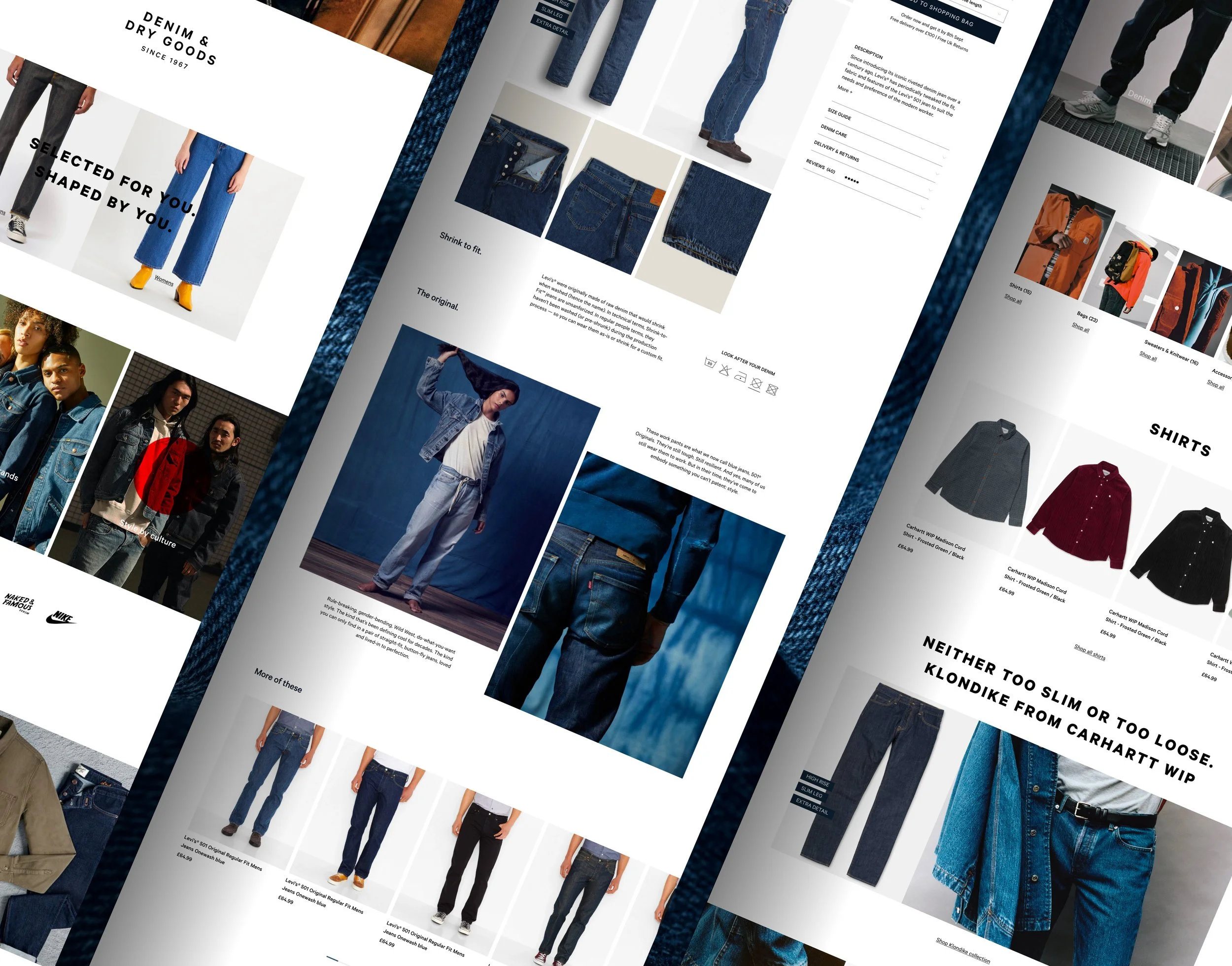 Fashion online catalog featuring denim jeans, shirts, jackets, and accessories from brands like Carhartt and Nike, with images of models wearing various clothing styles.
