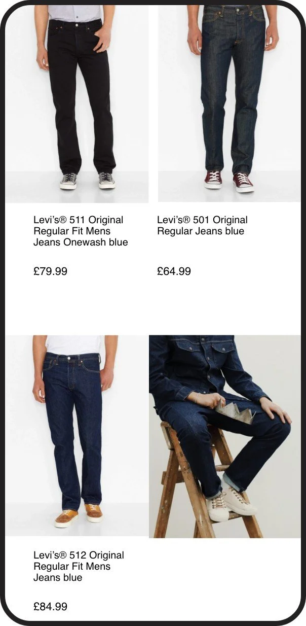 Display of three pairs of men's jeans with prices. Top left: black Levi's 511 Original Regular Fit jeans. Top right: blue Levi's 501 Original Regular Jeans. Bottom left: blue Levi's 512 Original Regular Fit jeans. Bottom right: person sitting in dark jeans.