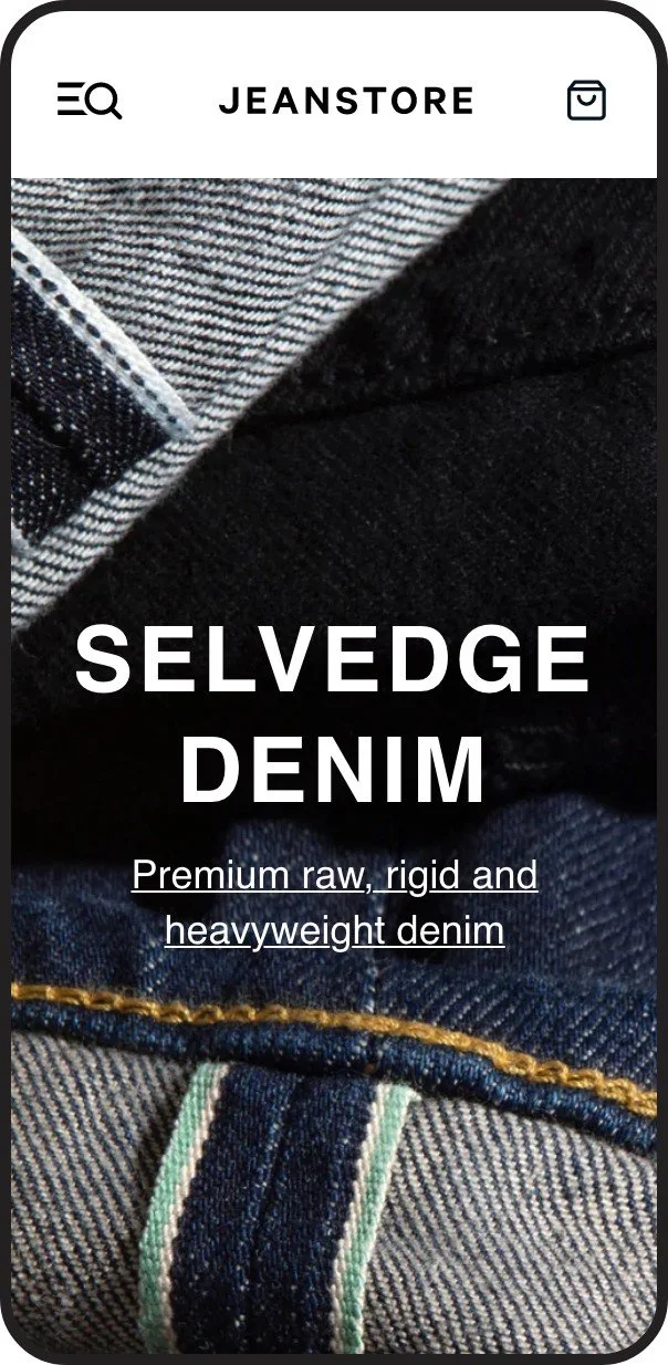 Close-up of a jeans advertisement from Jeanstore promoting selvedge denim, showing layered denim fabric in various shades with stitching details.