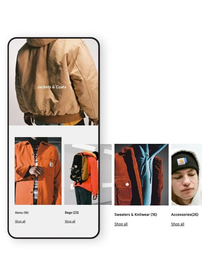 Mobile phone screen displaying a clothing store app with categories for jackets & coats, shirts, bags, sweaters & knitwear, and accessories. The jackets & coats category features a person wearing a tan jacket, with other images of orange shirts, backpacks, sweaters, and a person wearing a beanie.