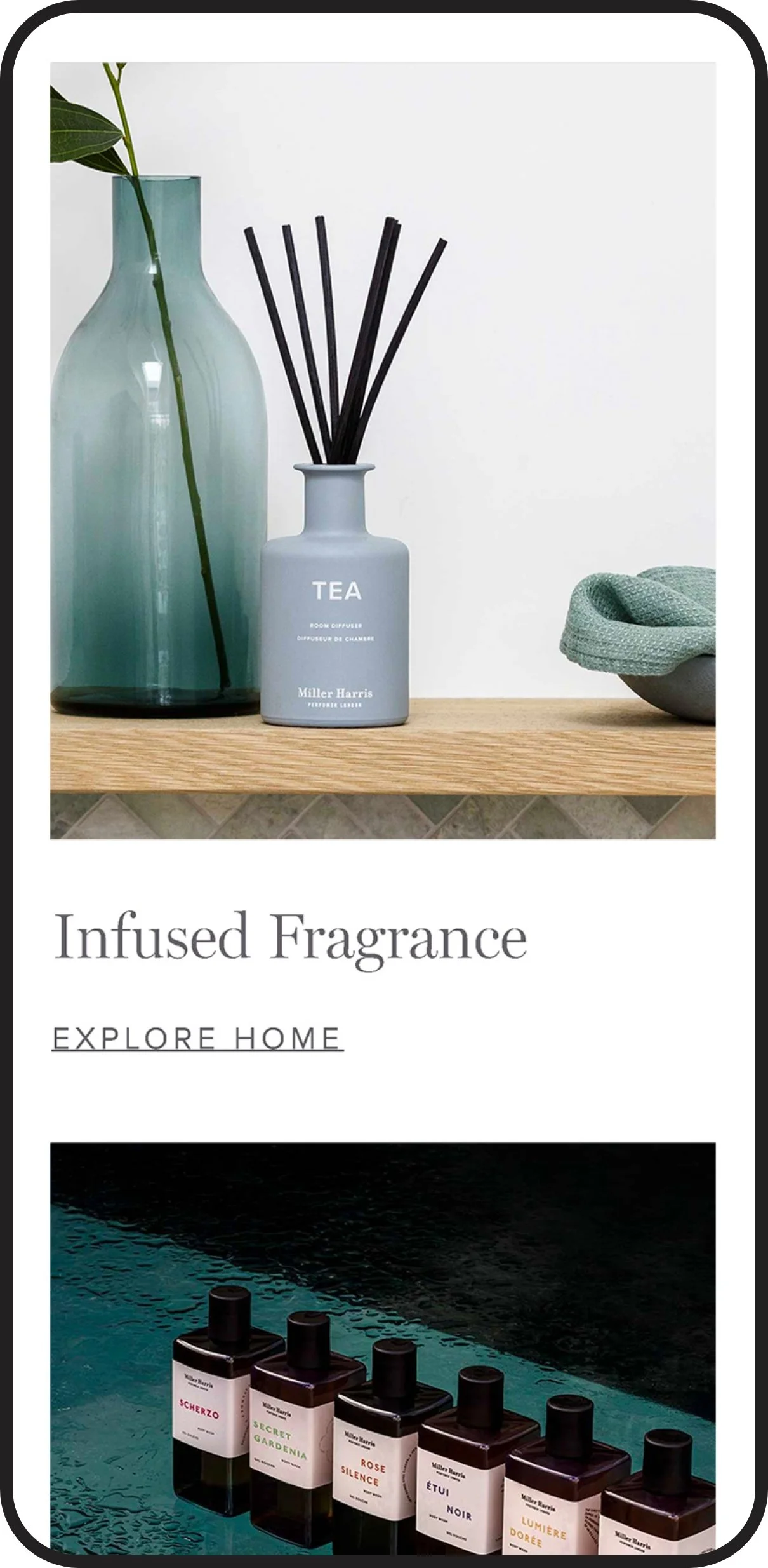 Shelf with a green vase holding a leaf, a gray diffuser labeled 'Tea' by Miller Harris, and a textured green cloth on a gray bowl.