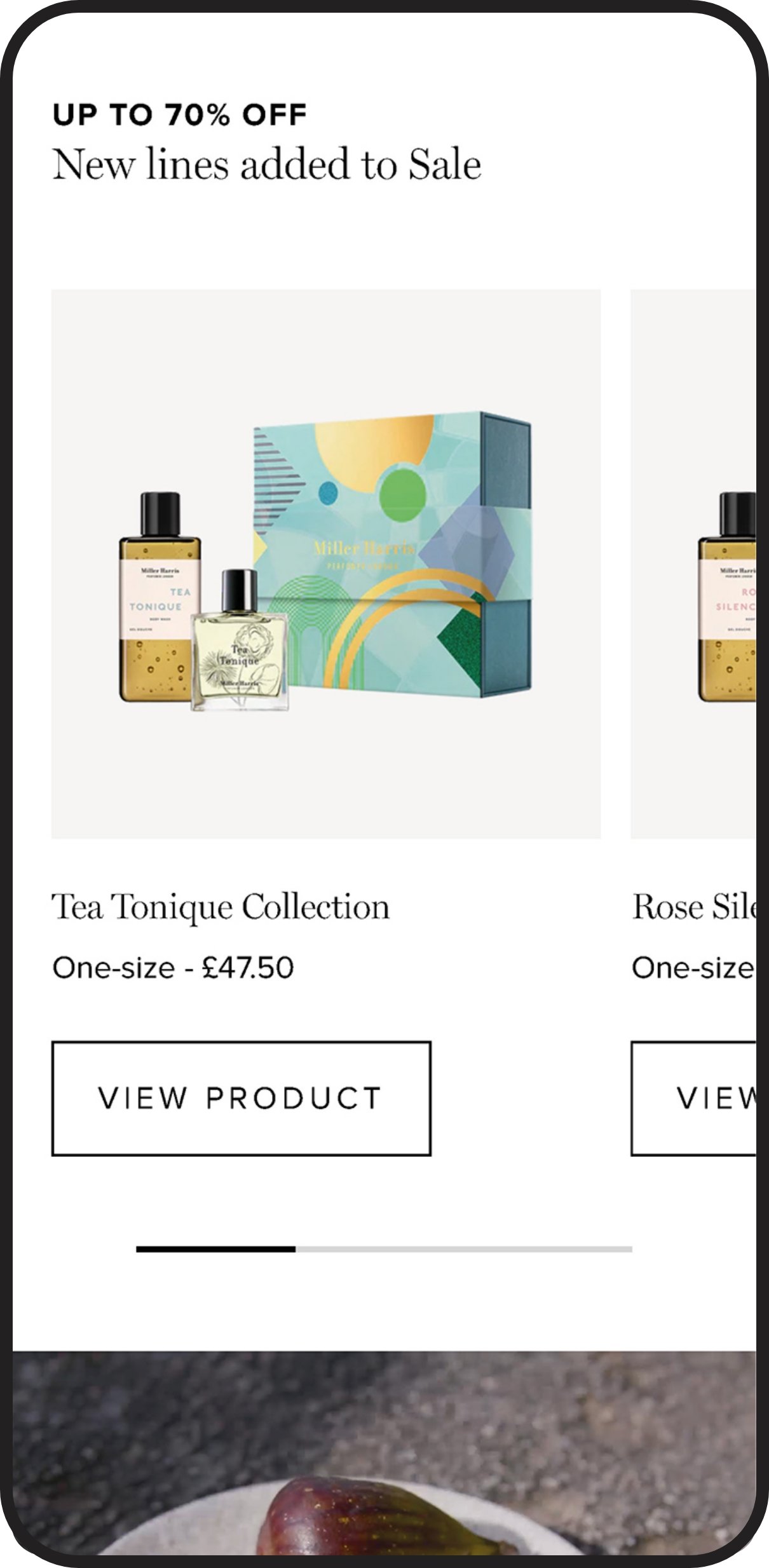 Online advertisement for a sale with up to 70% off on new product lines, showcasing a collection of tea and fragrance products with a 'View Product' button.