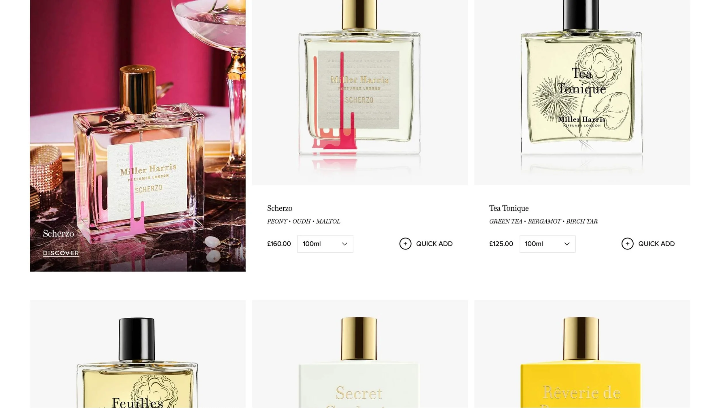 Three perfume bottles on a website, with two models and descriptions. The first is a pink-tinted bottle labeled "Scherzo" priced at £160. The second is a clear bottle labeled "Tea Tonique" priced at £125. The third appears partially at the bottom, with gold and yellow accents.