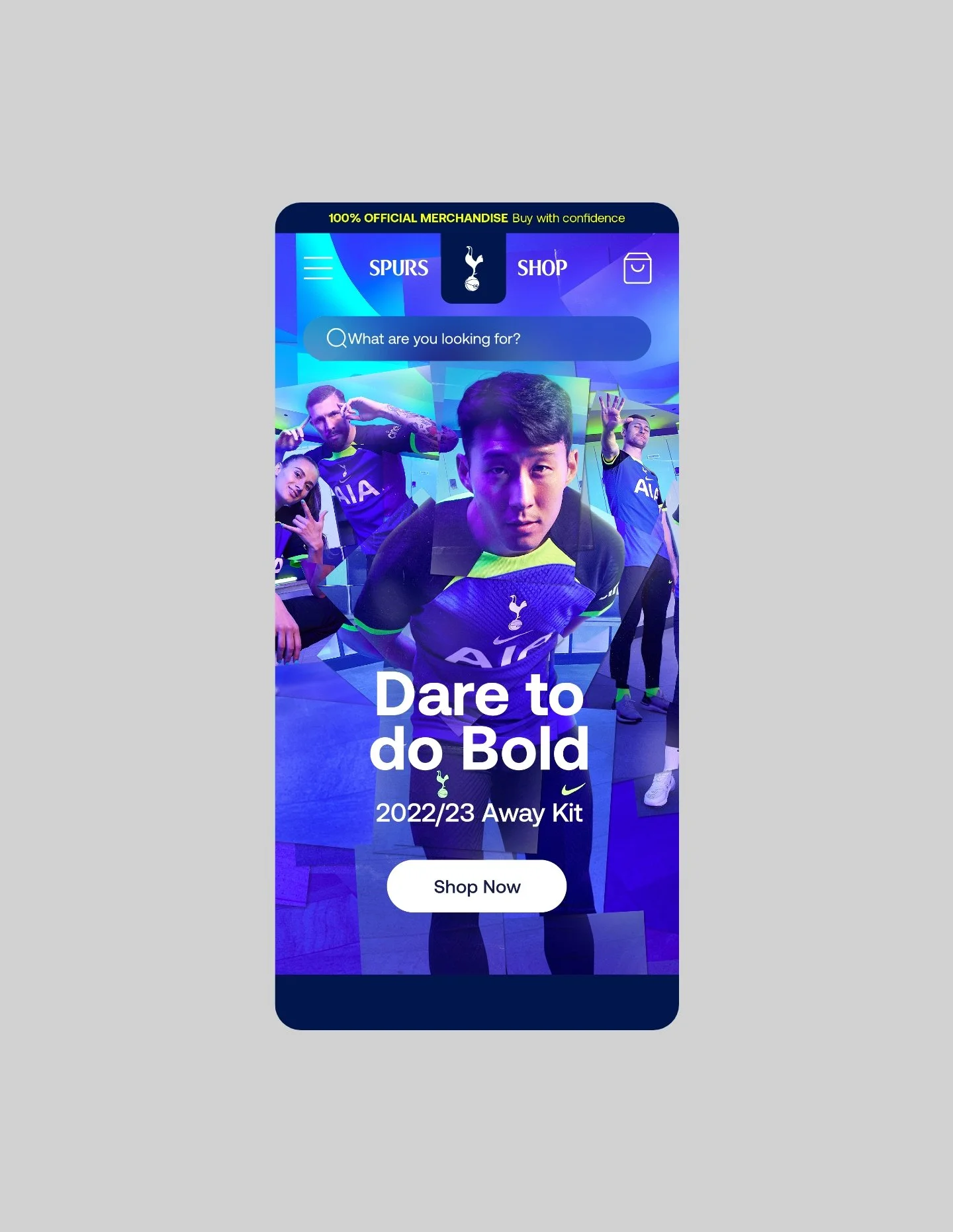 Mobile app interface for Tottenham Hotspur's online shop showcasing the 2022/23 away kit with players in team uniforms, a search bar, and a 'Shop Now' button.