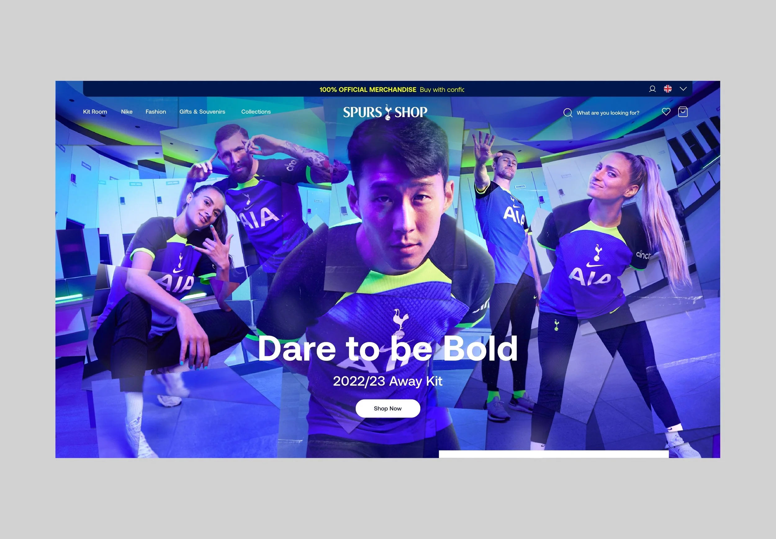 A webpage featuring Tottenham Hotspur football team merchandise, with five models wearing team apparel, set against a blue and purple background, advertising the 2022/23 away kit with the slogan 'Dare to be Bold' and a 'Shop Now' button.
