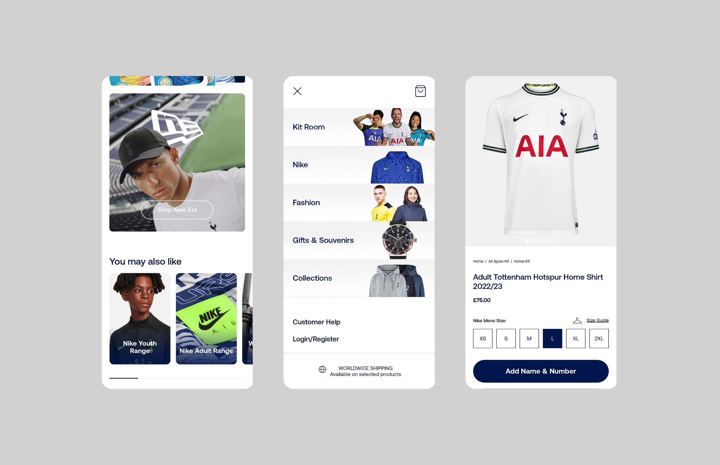 Three mobile app screens displaying Nike and Tottenham Hotspur merchandise. The first screen shows a person in Nike clothing with suggested products underneath. The middle screen lists categories like Kit Room, Nike, Fashion, Gifts & Souvenirs, and Collections. The third screen shows a Tottenham Hotspur home shirt with size options and a price of £75.