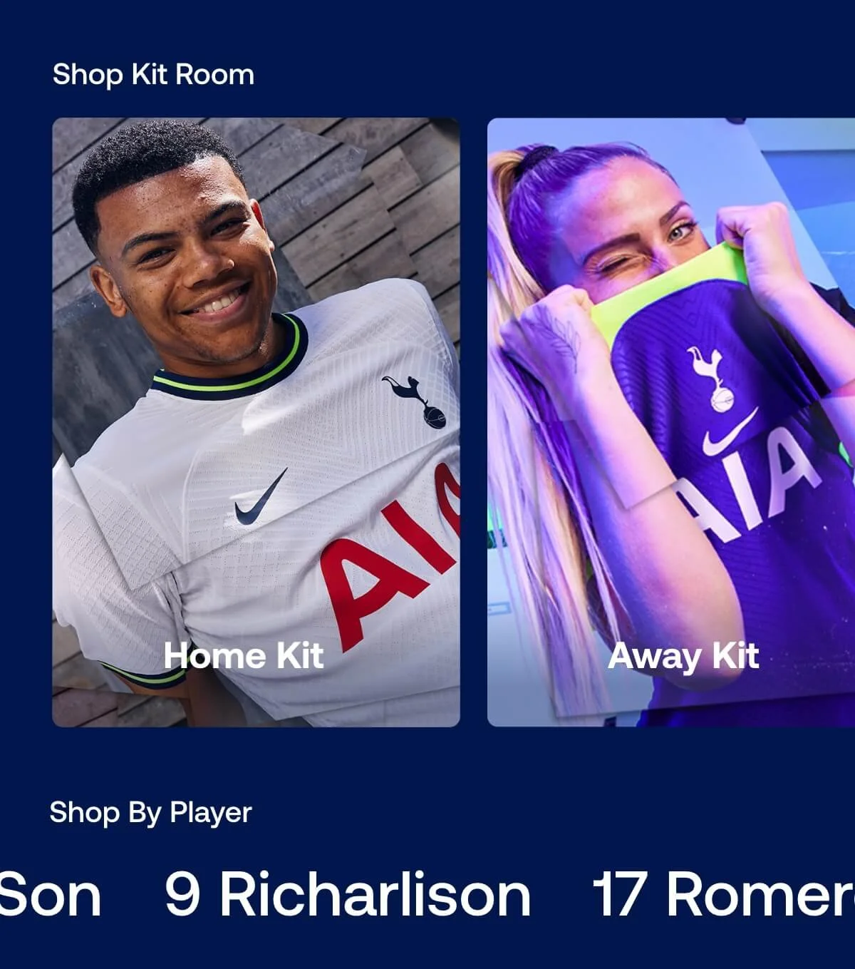 Two digital images of female and male soccer players, each wearing Tottenham Hotspur jerseys, labeled 'Home Kit' and 'Away Kit'. The male player in the 'Home Kit' is smiling, and the female player in the 'Away Kit' is holding her jersey over her face and winking.