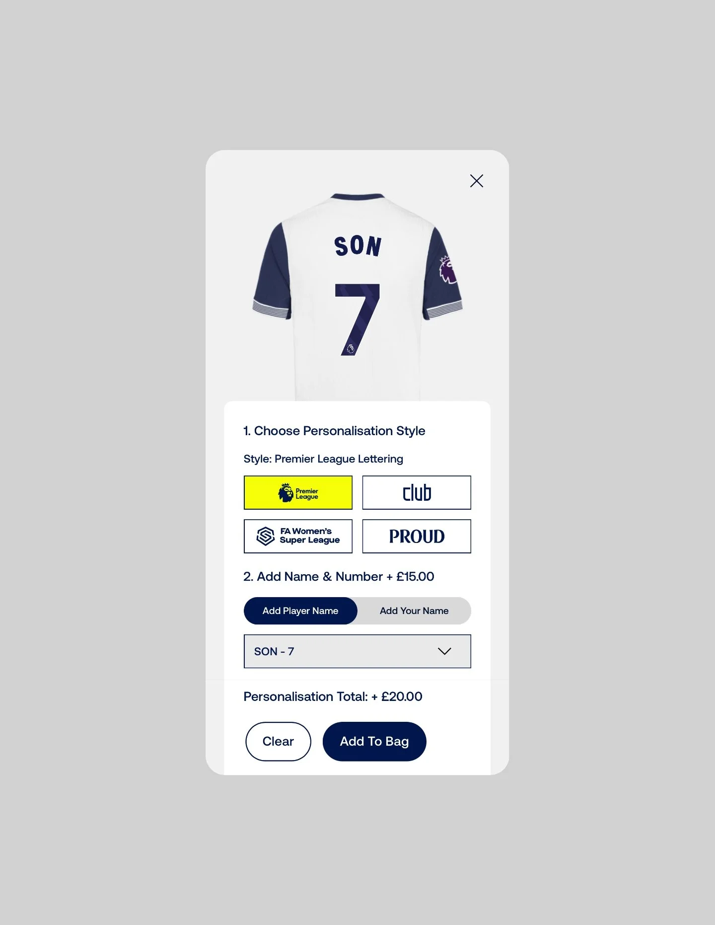 Online football jersey customization page showing a white jersey with navy sleeves, the name 'SON', the number 7, and options for personalization and adding to the shopping bag.