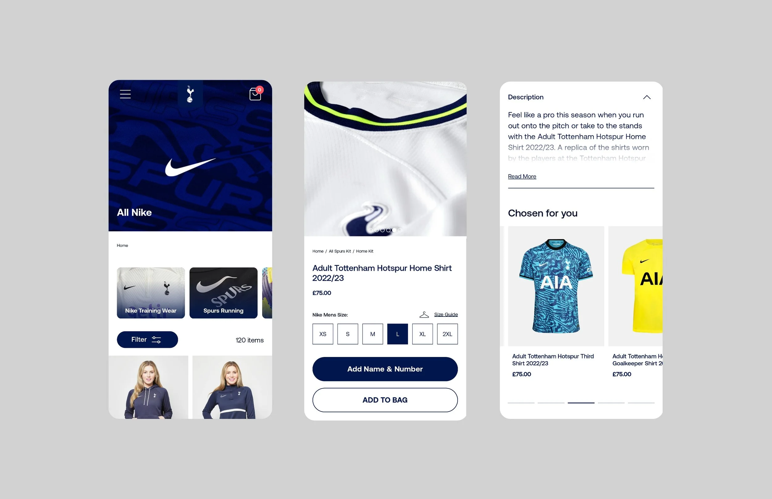 Screenshots of a mobile app shopping for Tottenham Hotspur football gear, showing sections for Nike training wear and Spurs running, a product page for a Tottenham Hotspur home shirt with size options and add to bag button, and a product recommendations page with Tottenham Hotspur team shirts in blue and yellow.