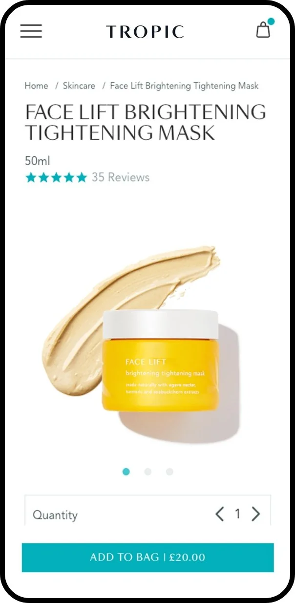 Screenshot of a skincare product page for a face lift brightening tightening mask, showing a yellow jar with a white lid and a smear of cream in the background. The page includes product details, reviews, and an 'Add to Bag' button.