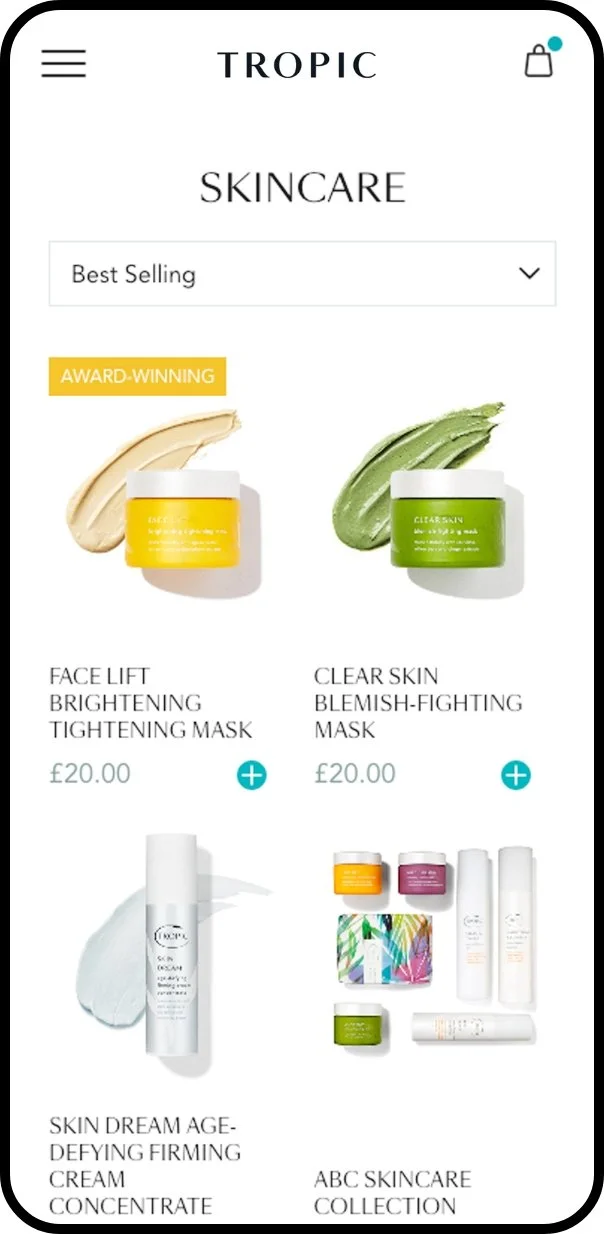 Skincare products including face masks, a cream, and a skincare collection from Tropic.