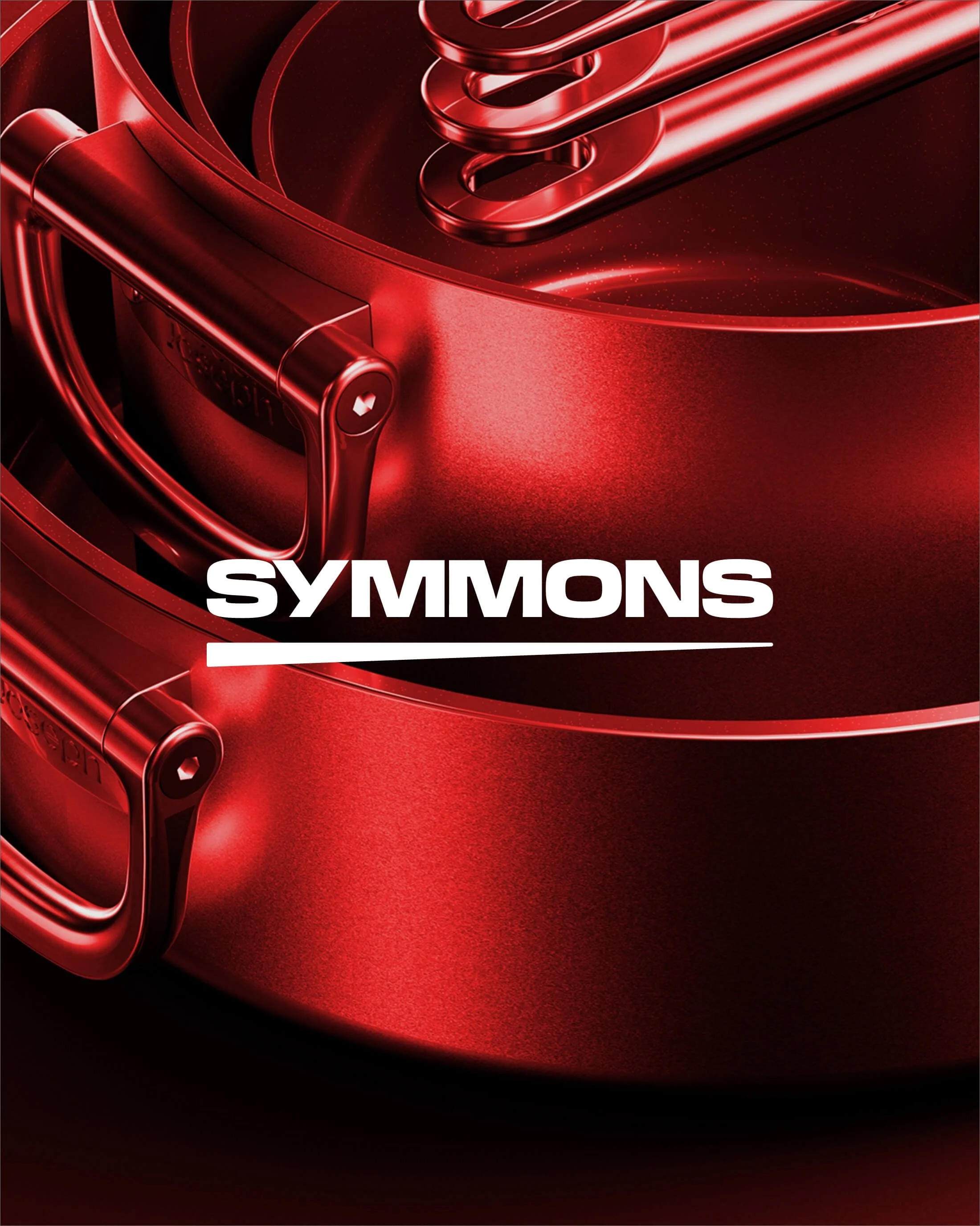 Close-up of a red frying pan with a matching lid, featuring the brand name 'SYMMONS' in bold white letters