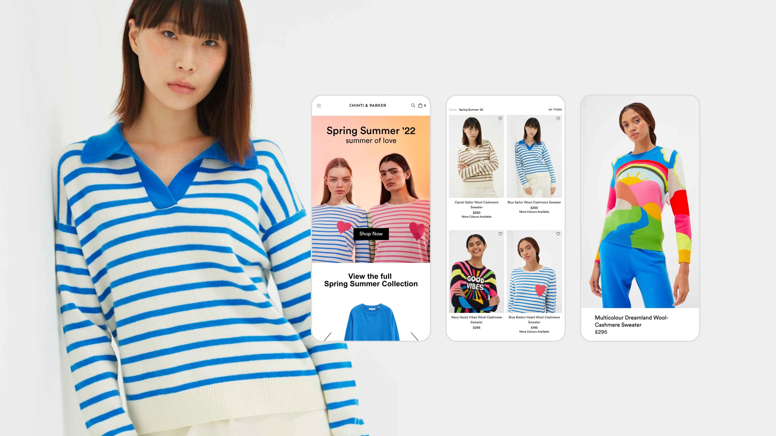 A woman in a blue and white striped sweater stands against a white background with a collage of mobile shopping app screenshots showcasing various colorful sweaters and fashion items.