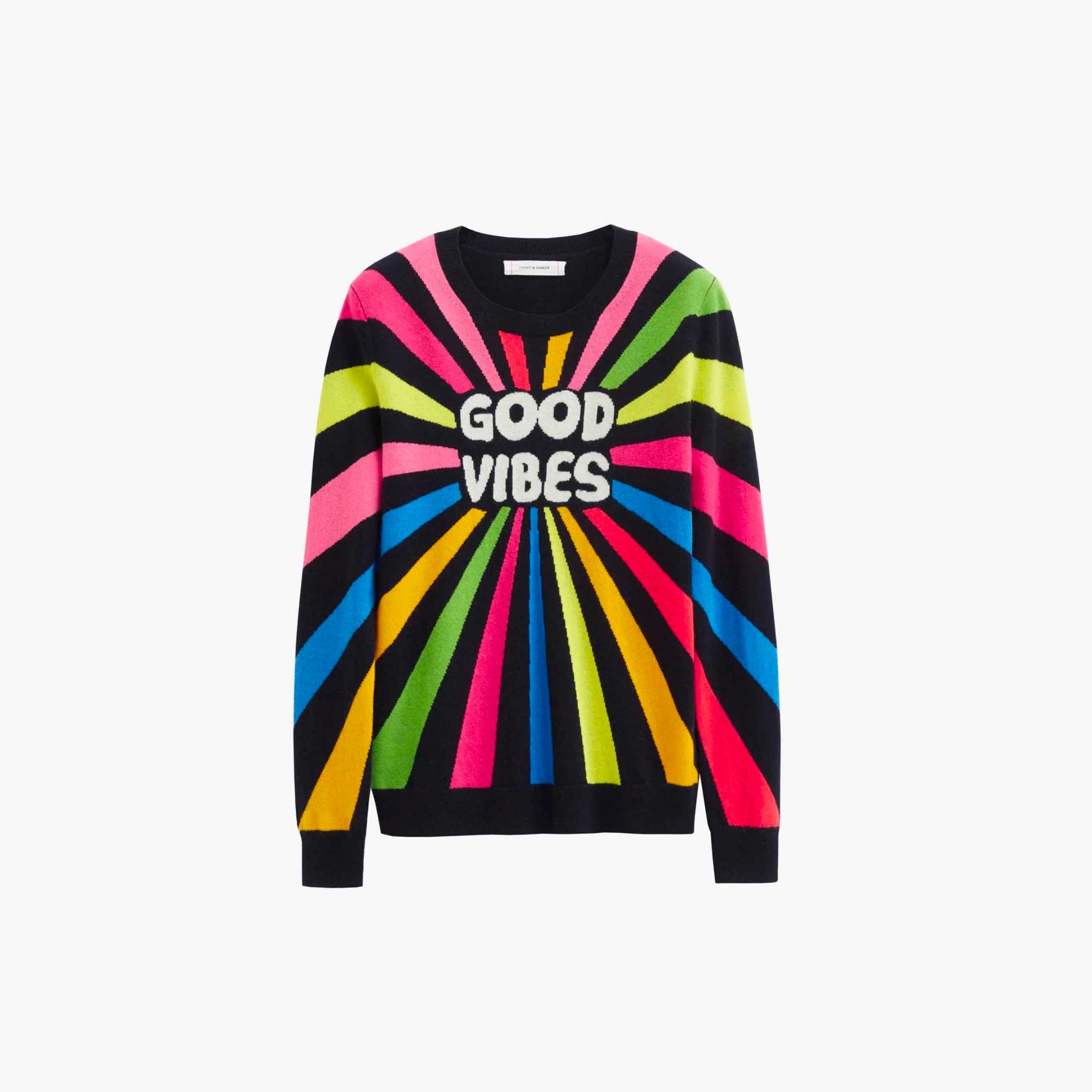 Colorful sweater with rays of pink, green, blue, yellow, and black radiating outward with the words 'Good Vibes' in white in the center.