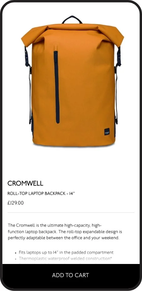 Yellow roll-top backpack with a front zipper pocket and adjustable side straps.