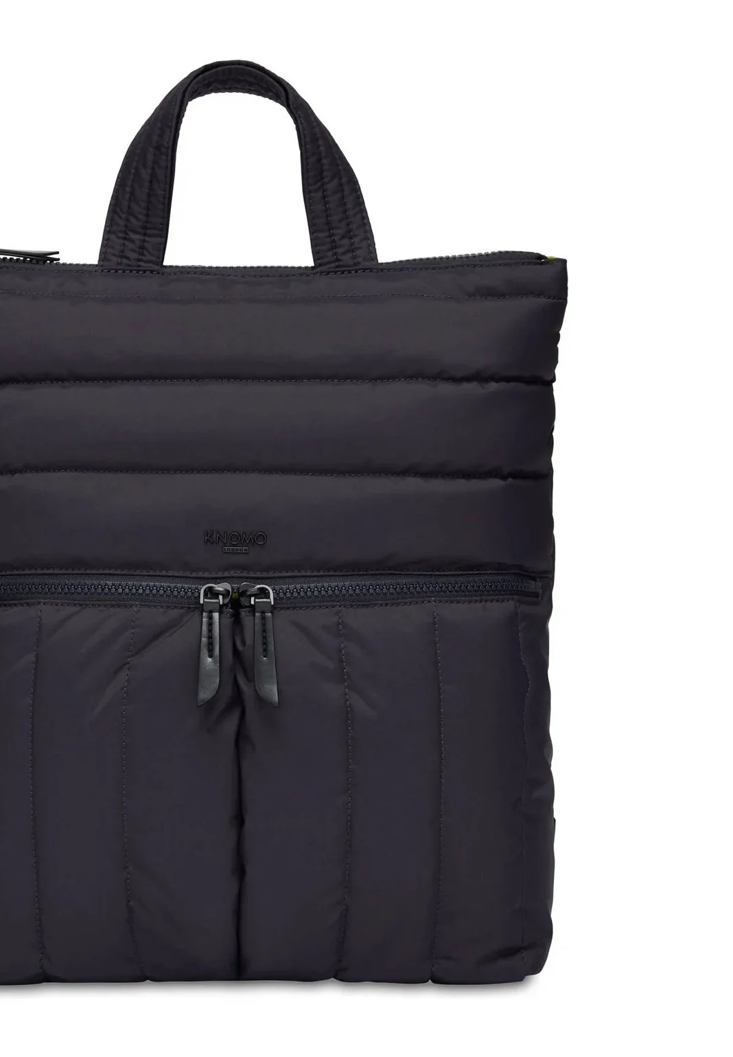 Black insulated tote bag with handles and multiple zippered compartments.